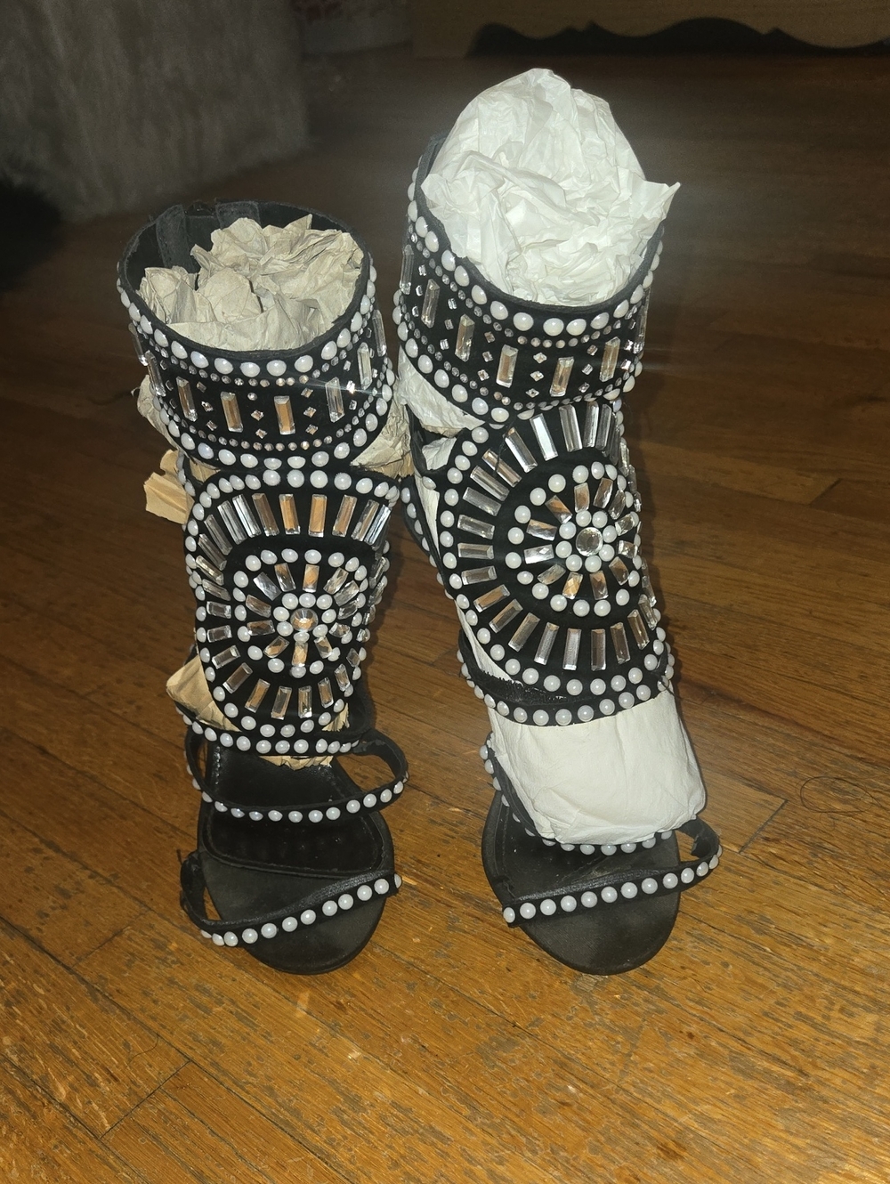 Embellished Black Gladiator Sandals with Crystal Accents